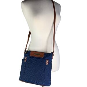 Navy Quilted Fabric Crossbody with Cognac Adjustable Strap Gold Accents Top Zip